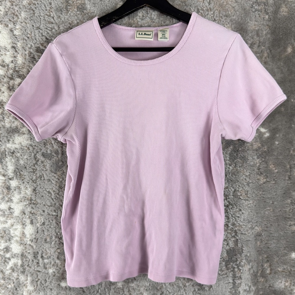 LL Bean Size M Ribbed Casual Minimalist Top Purple Pink Short Sleeve Pullover